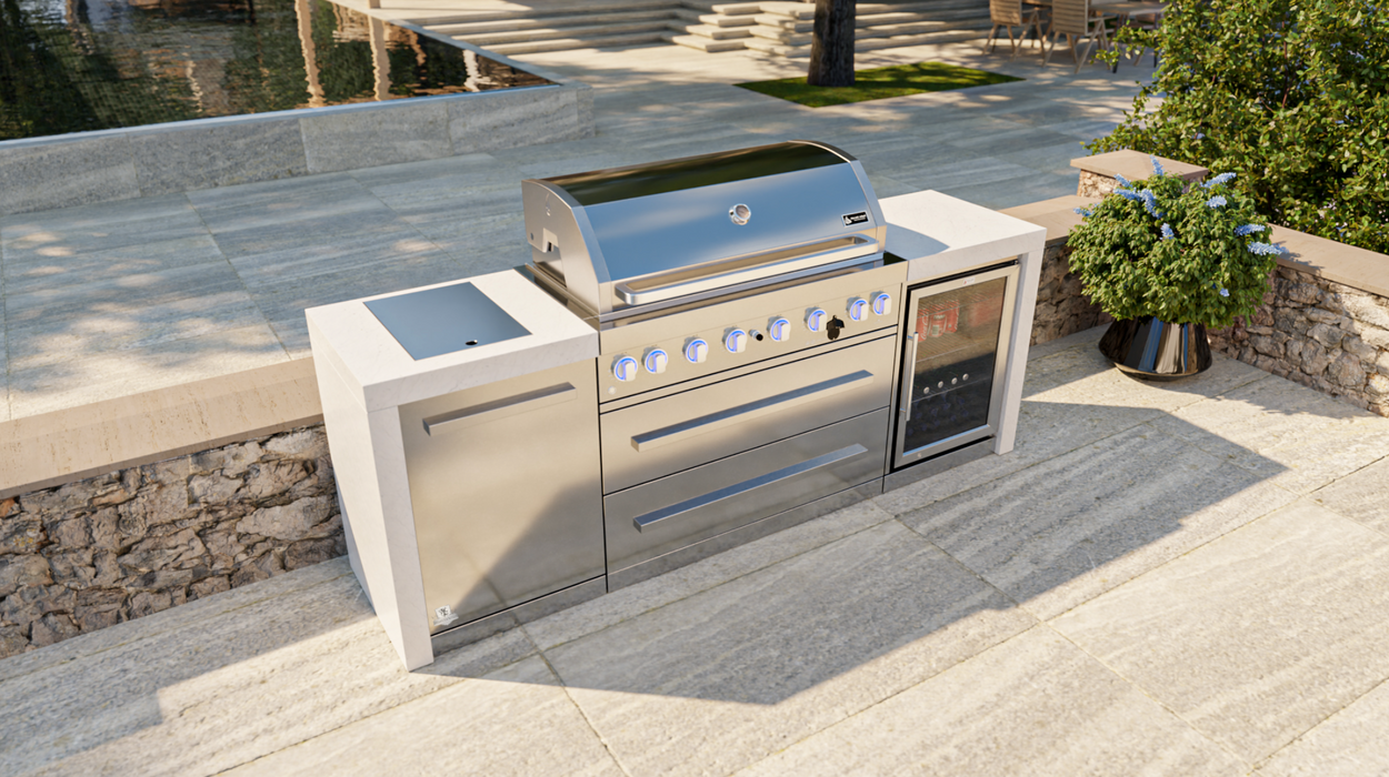 Mont Alpi Outdoor kitchen 6-burrner Deluxe Island with Fridge Cabinet + Cover - 2.4M