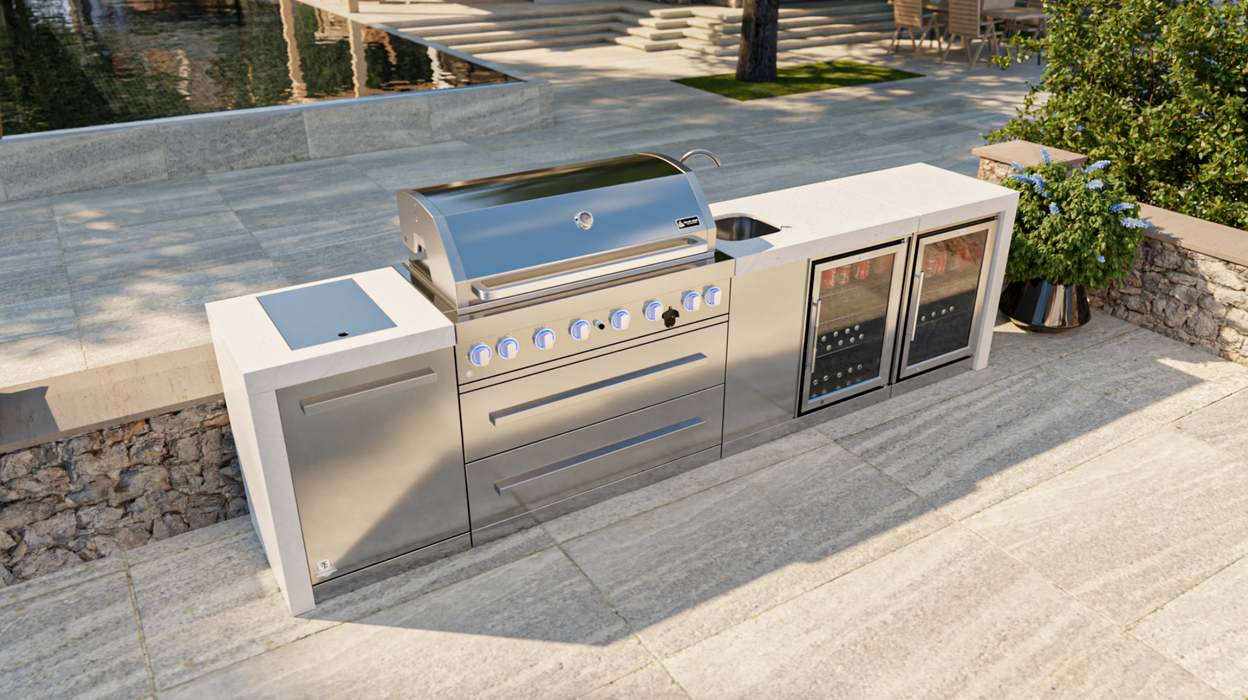 Mont Alpi Outdoor kitchen 6-burner Deluxe Island with a Beverage Center And Fridge Cabinet + Cover - 3.4M