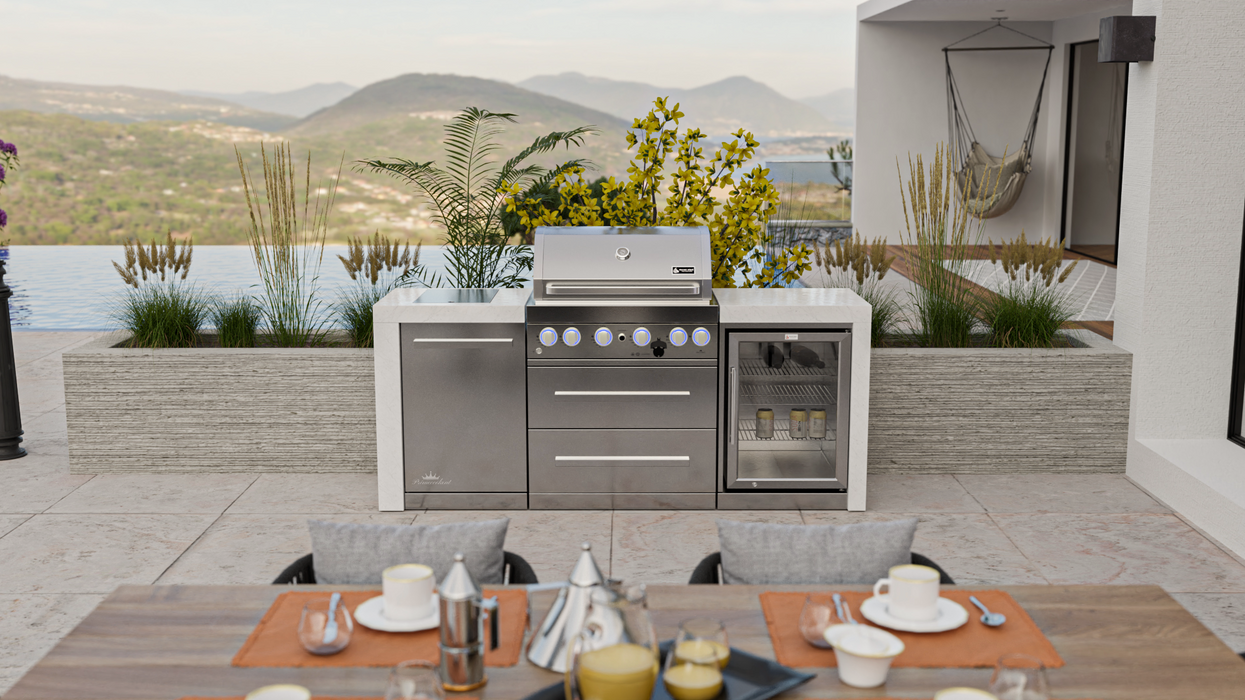 Mont Alpi Outdoor kitchen 4-burner Deluxe Island with Fridge Cabinet + Cover  2.1M