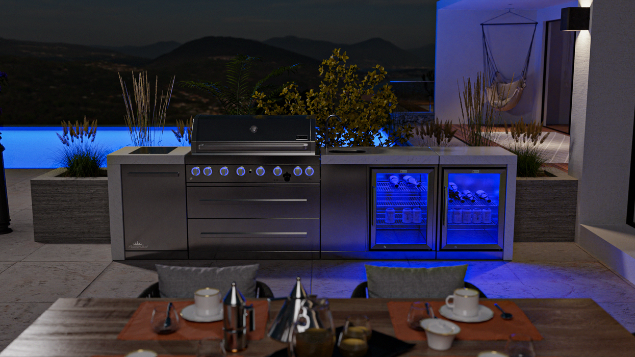 Mont Alpi Outdoor kitchen 6-burner Deluxe Island with a Beverage Center And Fridge Cabinet + Cover - 3.4M