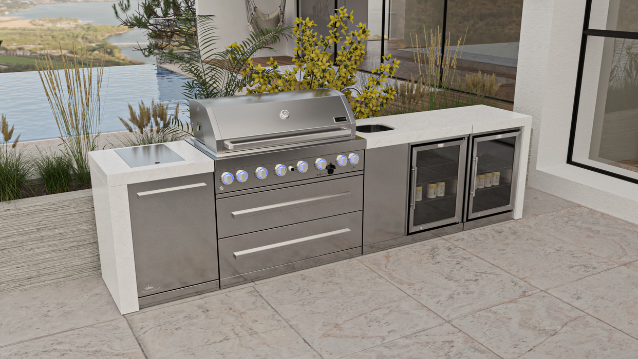 Mont Alpi Outdoor kitchen 6-burner Deluxe Island with a Beverage Center And Fridge Cabinet + Cover - 3.4M