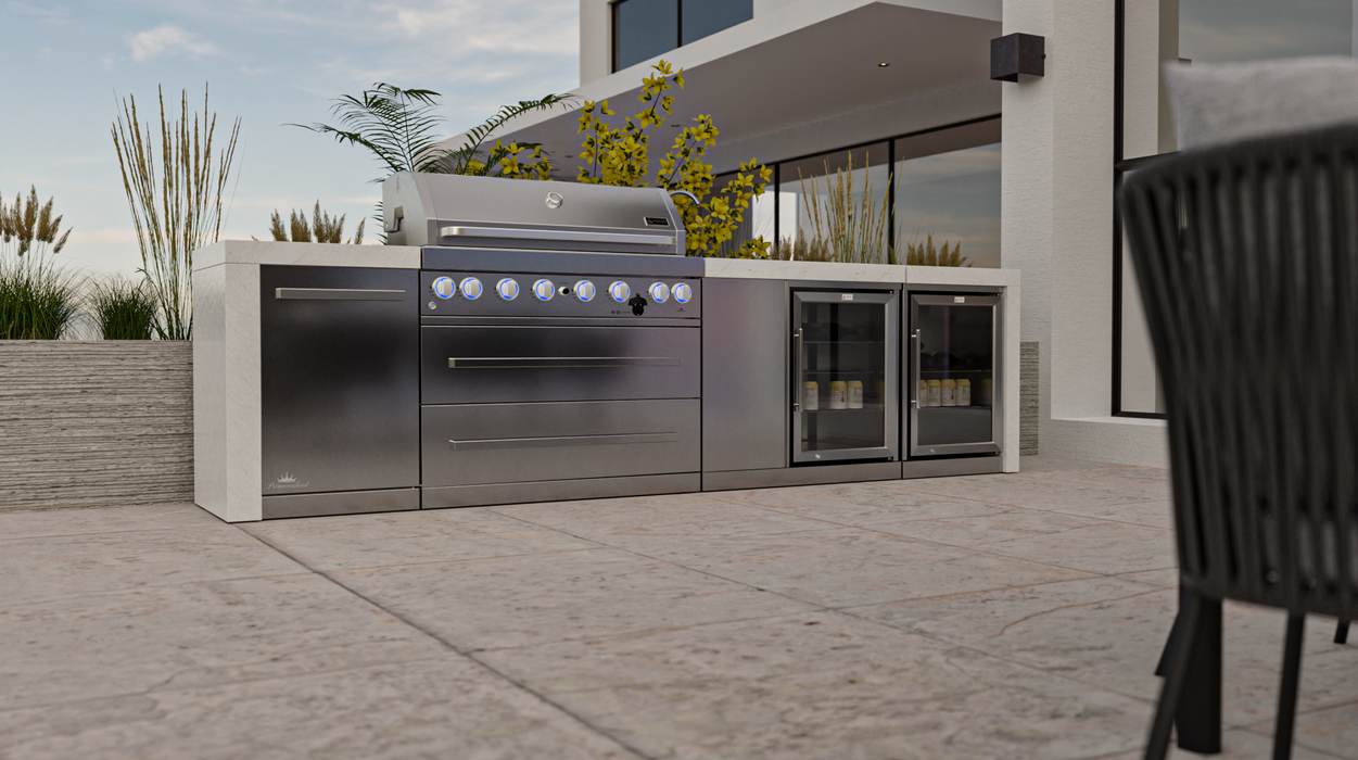 Mont Alpi Outdoor kitchen 6-burner Deluxe Island with a Beverage Center And Fridge Cabinet + Cover - 3.4M