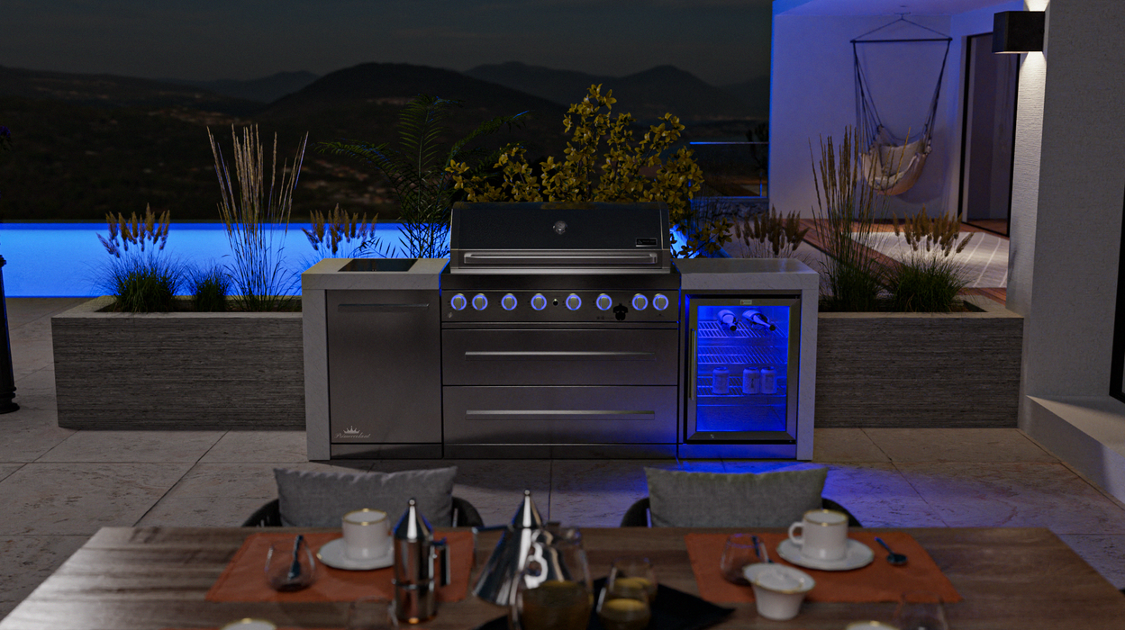 Mont Alpi Outdoor kitchen 6-burrner Deluxe Island with Fridge Cabinet + Cover - 2.4M