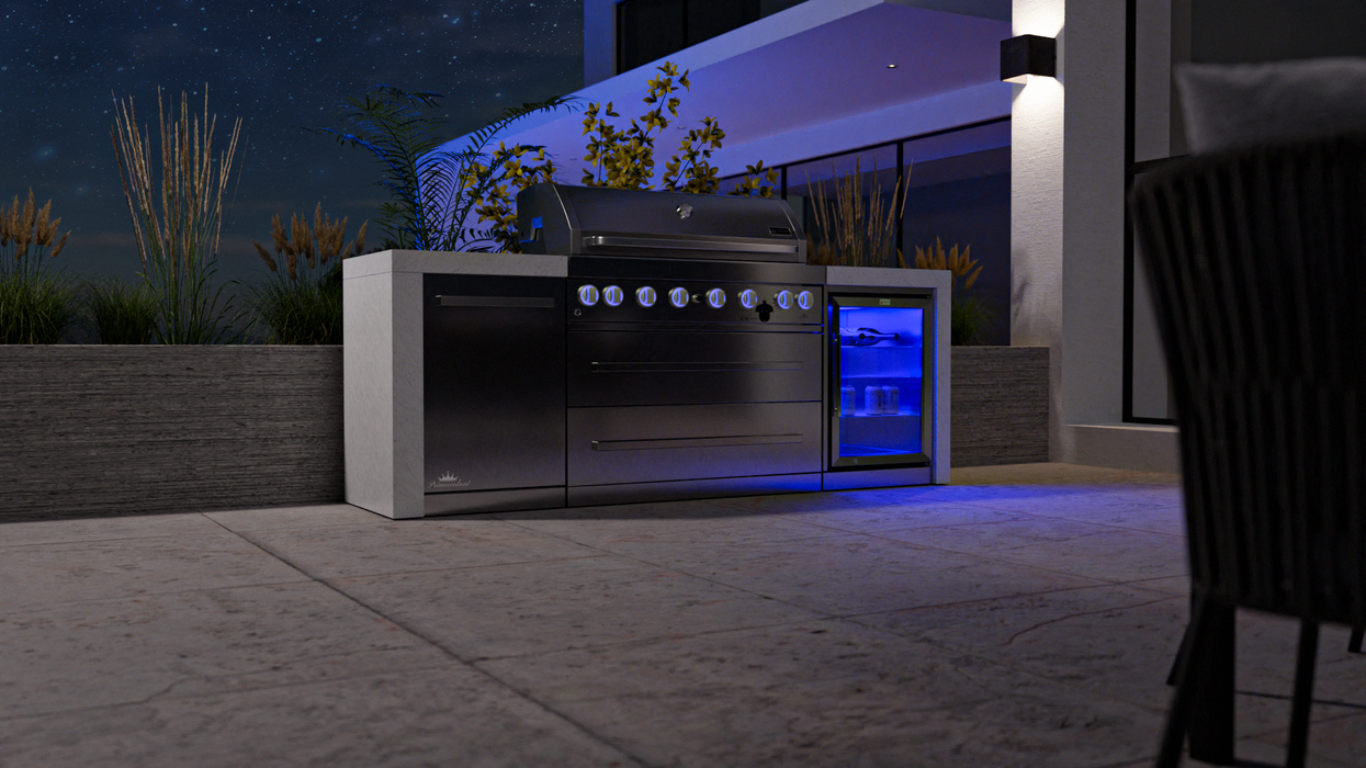 Mont Alpi Outdoor kitchen 6-burrner Deluxe Island with Fridge Cabinet + Cover - 2.4M