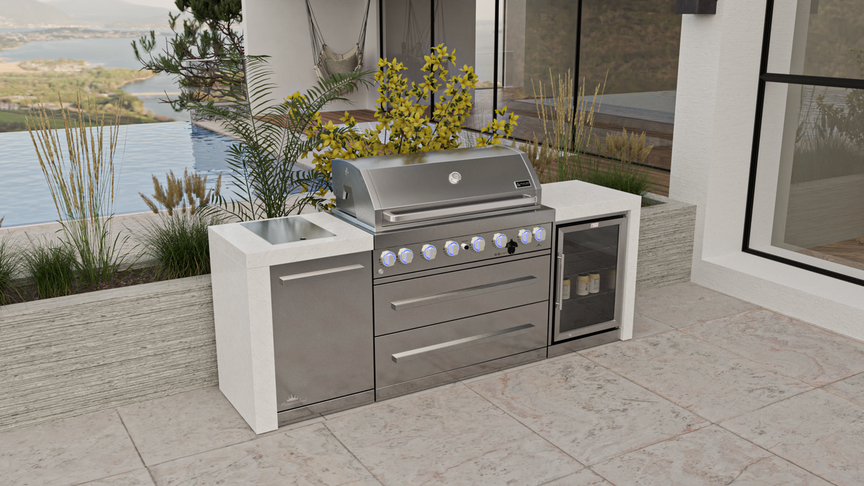 Mont Alpi Outdoor kitchen 6-burrner Deluxe Island with Fridge Cabinet + Cover - 2.4M