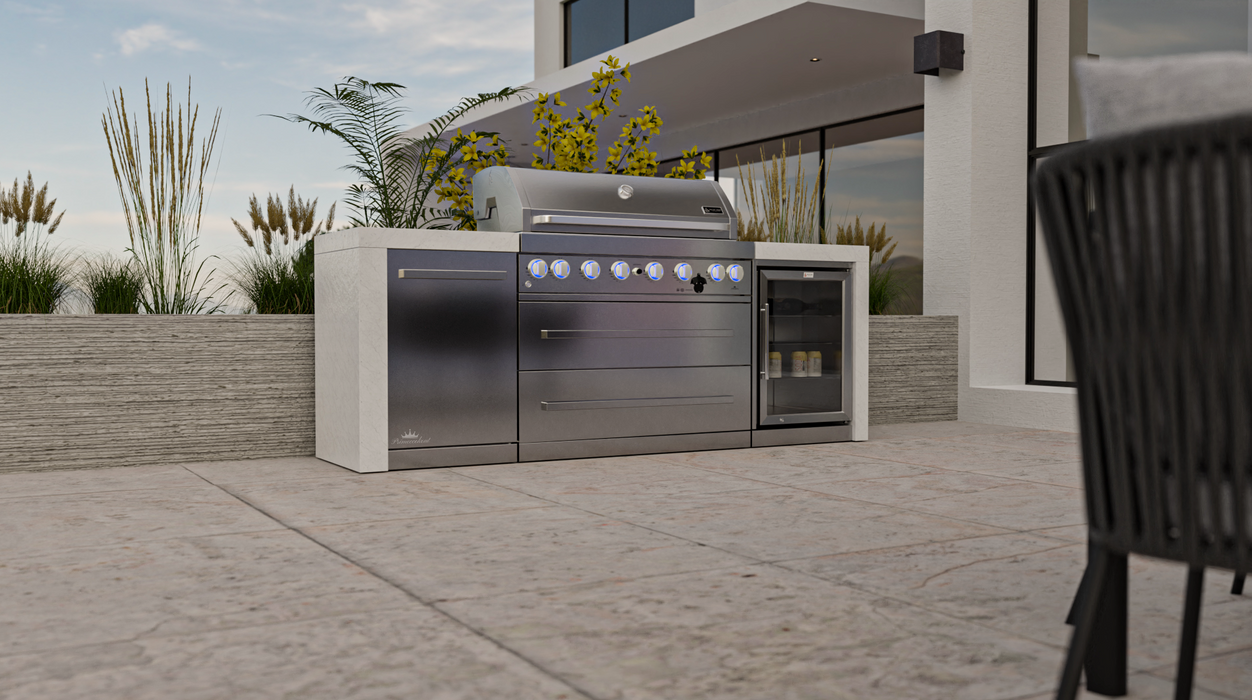 Mont Alpi Outdoor kitchen 6-burrner Deluxe Island with Fridge Cabinet + Cover - 2.4M