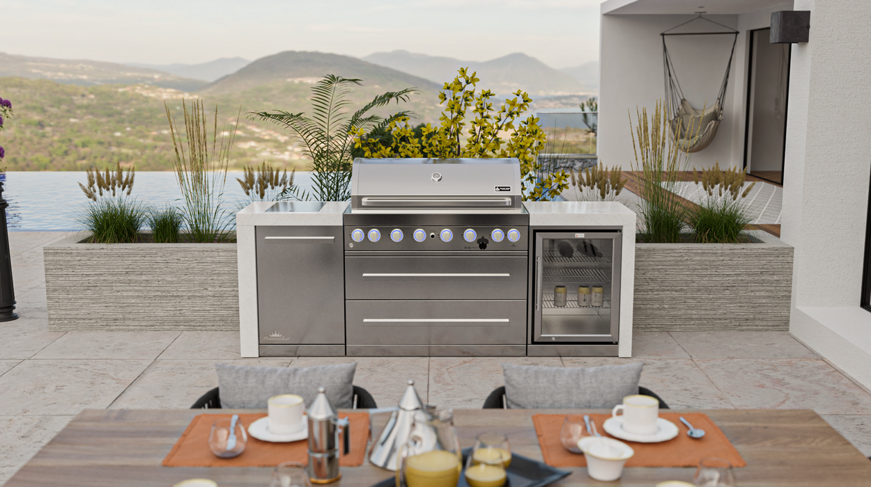 Mont Alpi Outdoor kitchen 6-burrner Deluxe Island with Fridge Cabinet + Cover - 2.4M