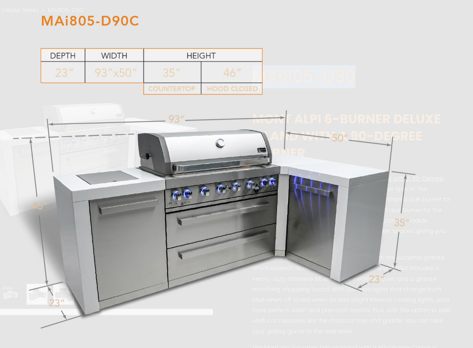 Mont Alpi Outdoor kitchen 6-burner Deluxe Island with a 90-Degree Corner  + Cover - 2.4M