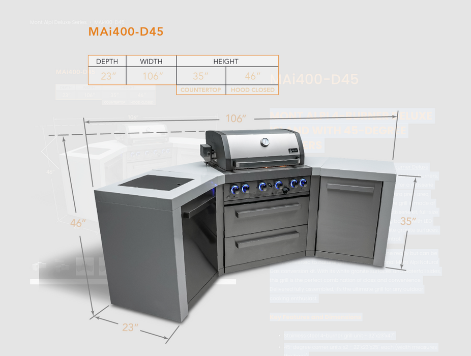 Mont Alpi Outdoor kitchen 4-burner Deluxe Island with 45-degree corners + Cover 2.7M