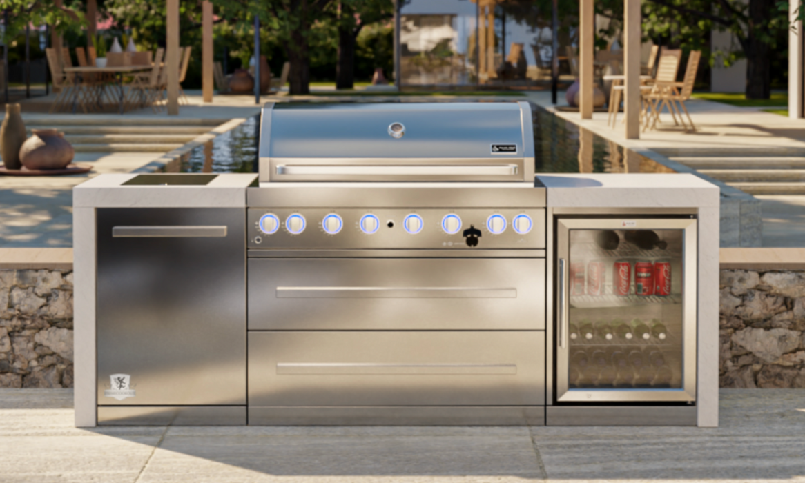 Mont Alpi Outdoor kitchen 6-burrner Deluxe Island with Fridge Cabinet + Cover - 2.4M